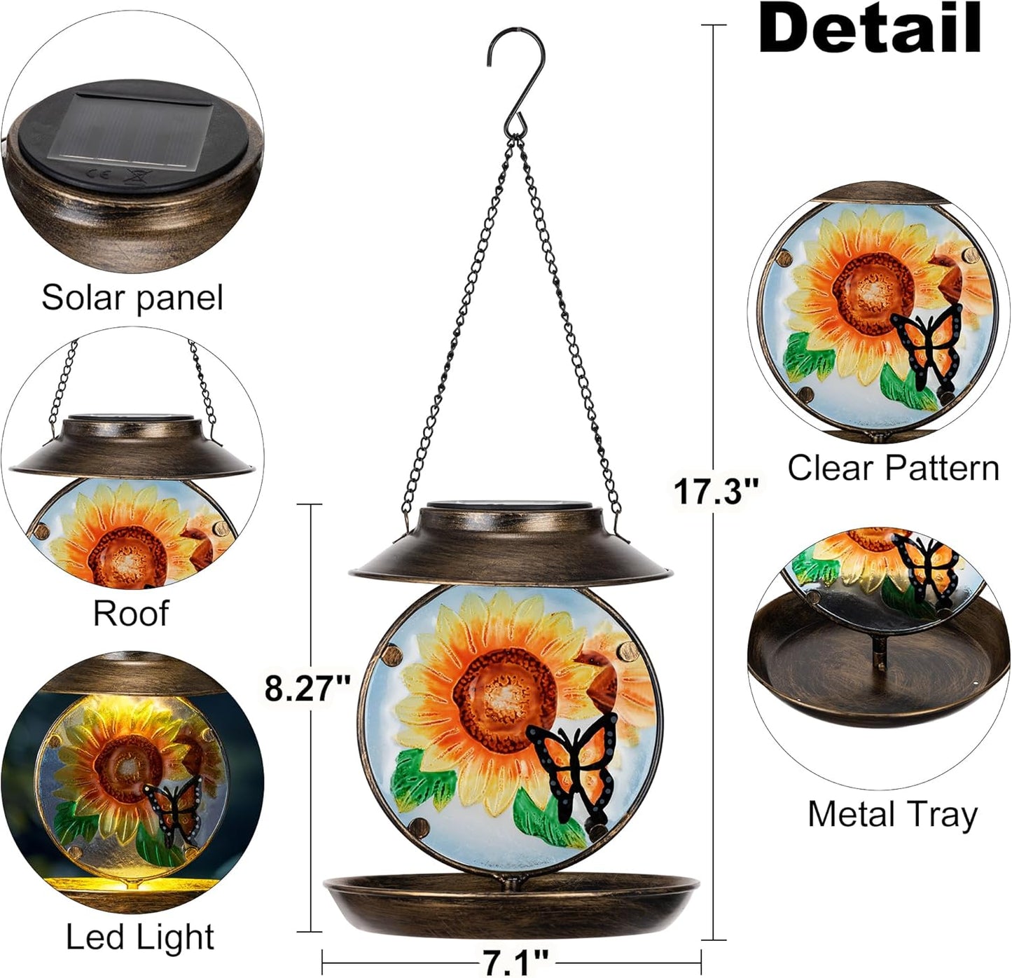 Solar Bird Feeders for Outdoors Hanging, Solar Sunflower Bird Feeder with Led Light Waterproof Metal Birdfeeders Outside Hanging Decorative for Outdoor Garden Yard Patio Backyard