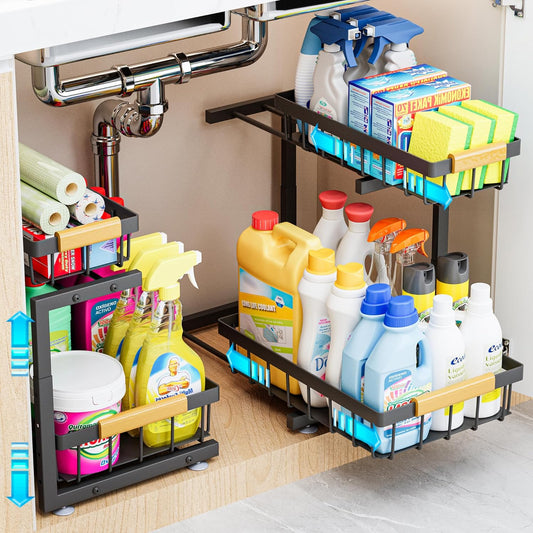 ADBIU Under Sink Organizer 2 Pack, 2 Tier Pull Out Cabinet Organizer w
