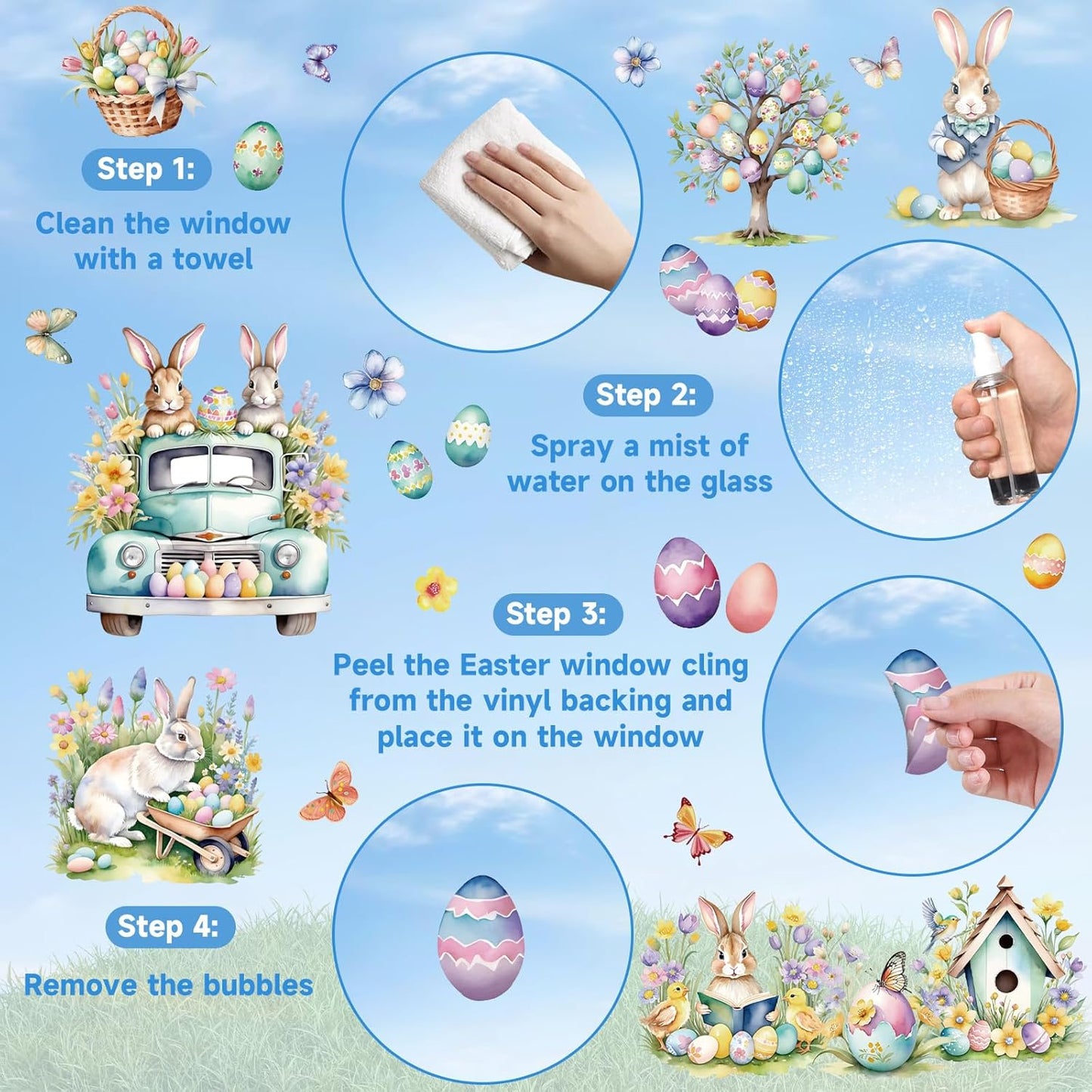 9 Sheets Easter Window Clings for Glass Windows - Watercolor Bunny & Egg Holiday Window Stickers - Spring Decorations for Home, Office & Classroom - Double-Sided Static Decals