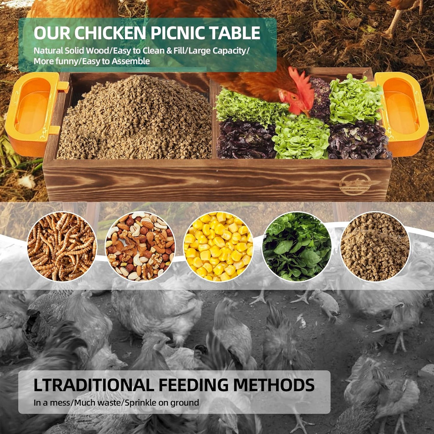 Chicken Picnic Table, Chicken Feeder No Waste Handmade Carbonized Wooden, Large DIY Chicken Feeder Kit, Wild Bird, Duck & Squirrel Feeders, Mesh Bottom Keep Food Fresh and Dry Easy to Clean and Fill
