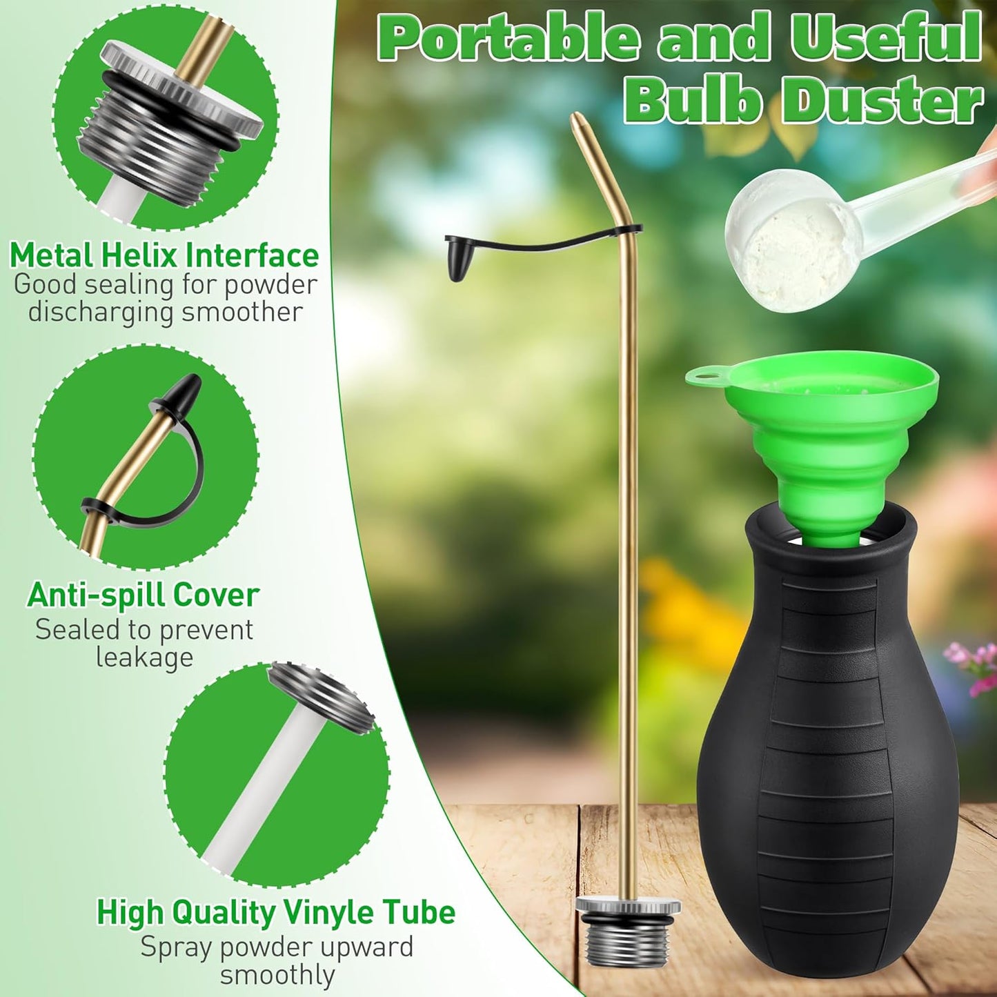 Diatomaceous Earth Powder Duster, 8OZ Garden Powder Applicator Dispenser with Long Metal Tube, Bulb Duster Sprayer for Home Organic Gardening Agricultural Supply (Black,1 Pack)