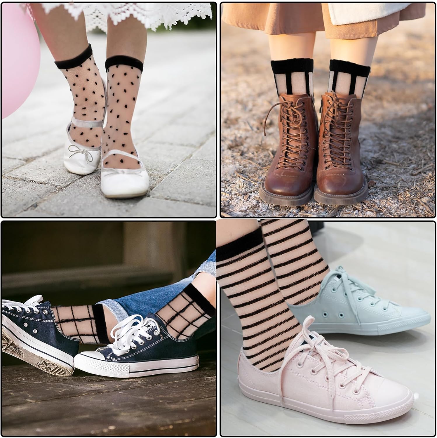 Lusofie 5 Pairs Sheer Black See-Through Socks - Checkered Dot Striped 