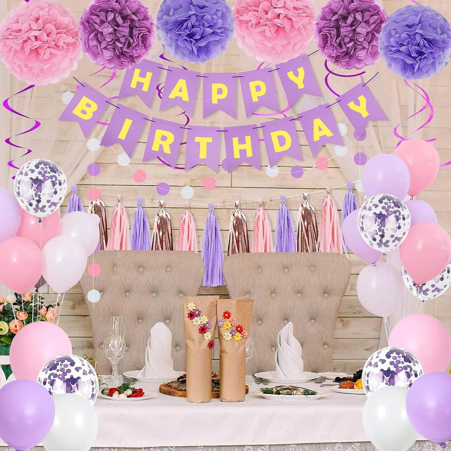 Purple Pink Birthday Party Decorations for Women Girls with Happy Birthday Banner,Hanging Swirls,Tissue Paper Pompoms,Circle Dots Garland,Tassel Garland Purple Balloons