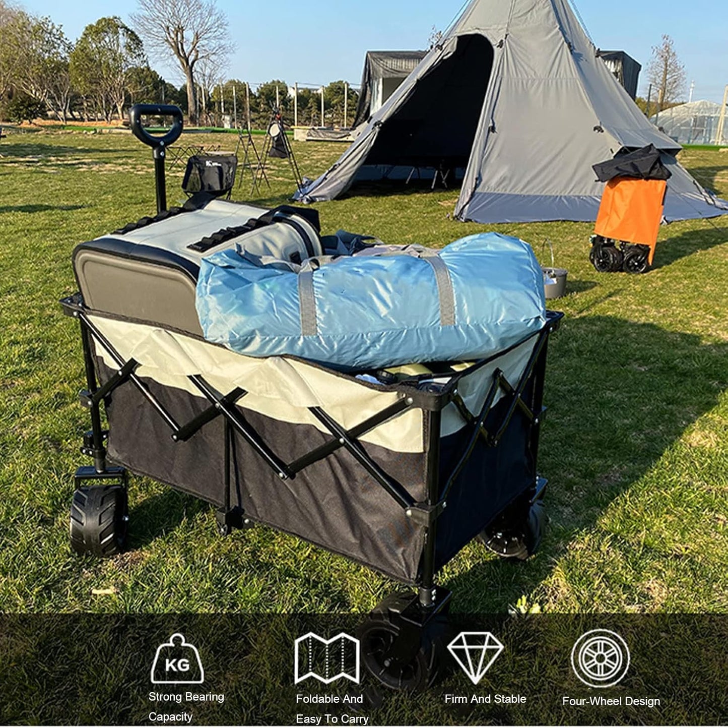 Collapsible Camping Cart Outdoor Utility Wagon Folding Portable Cart with Universal Wheels Adjustable Handle and Drink Holders