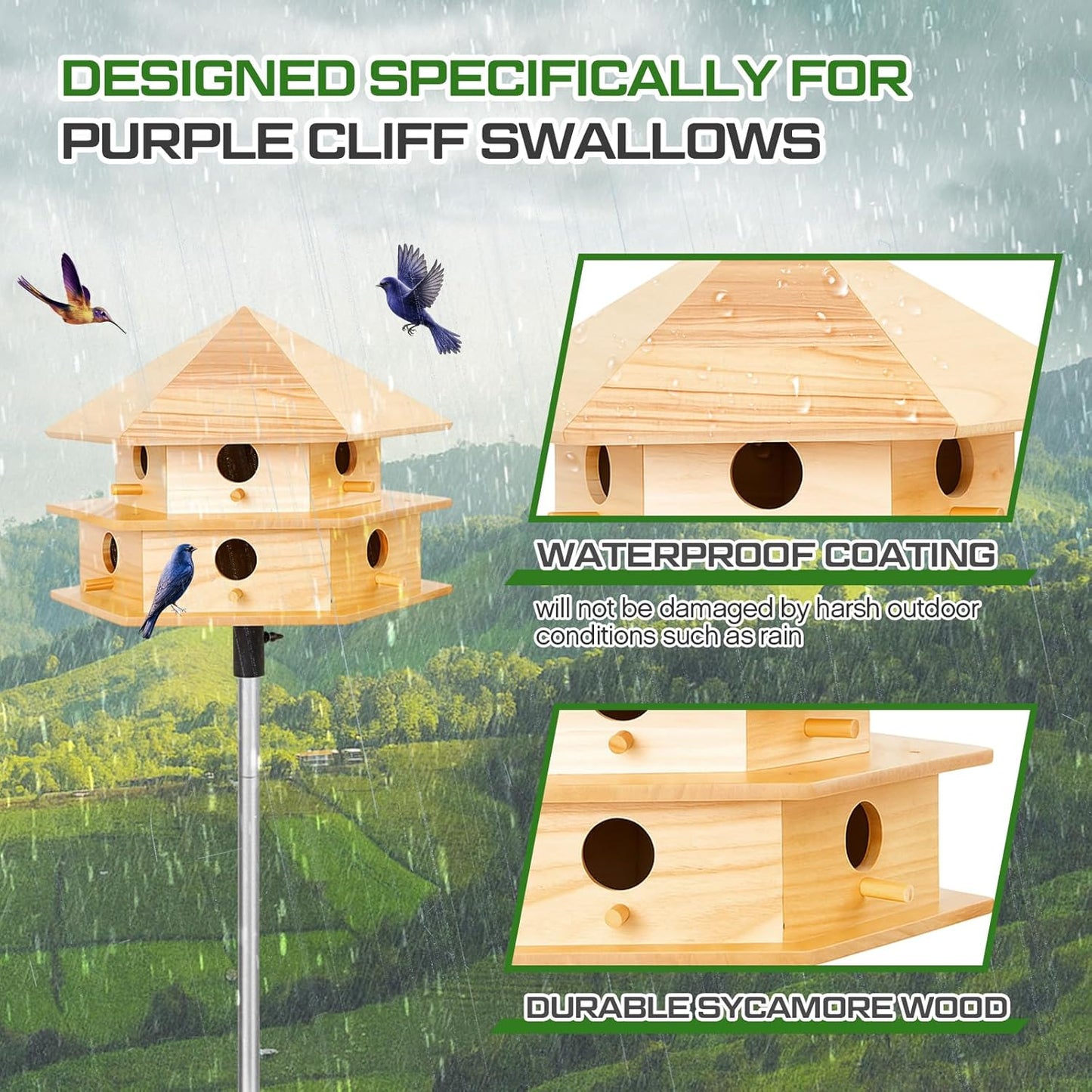 Purple Martin House, 12 Room Bird Houses for Outside, Sycamore Wood Construction & Waterproof