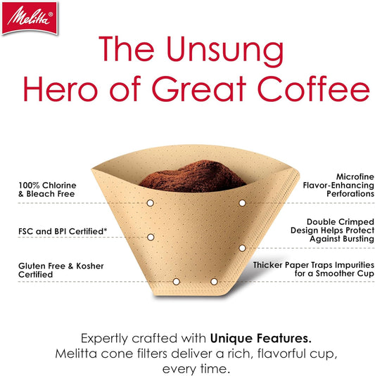 Melitta #2 Cone Coffee Filters, Natural Brown, 100 Count - Fits all 2-6 Cup Cone Coffee Makers and 1-cup Pour-Over Brewers, Compostable, Tear-Resistant, Made in USA