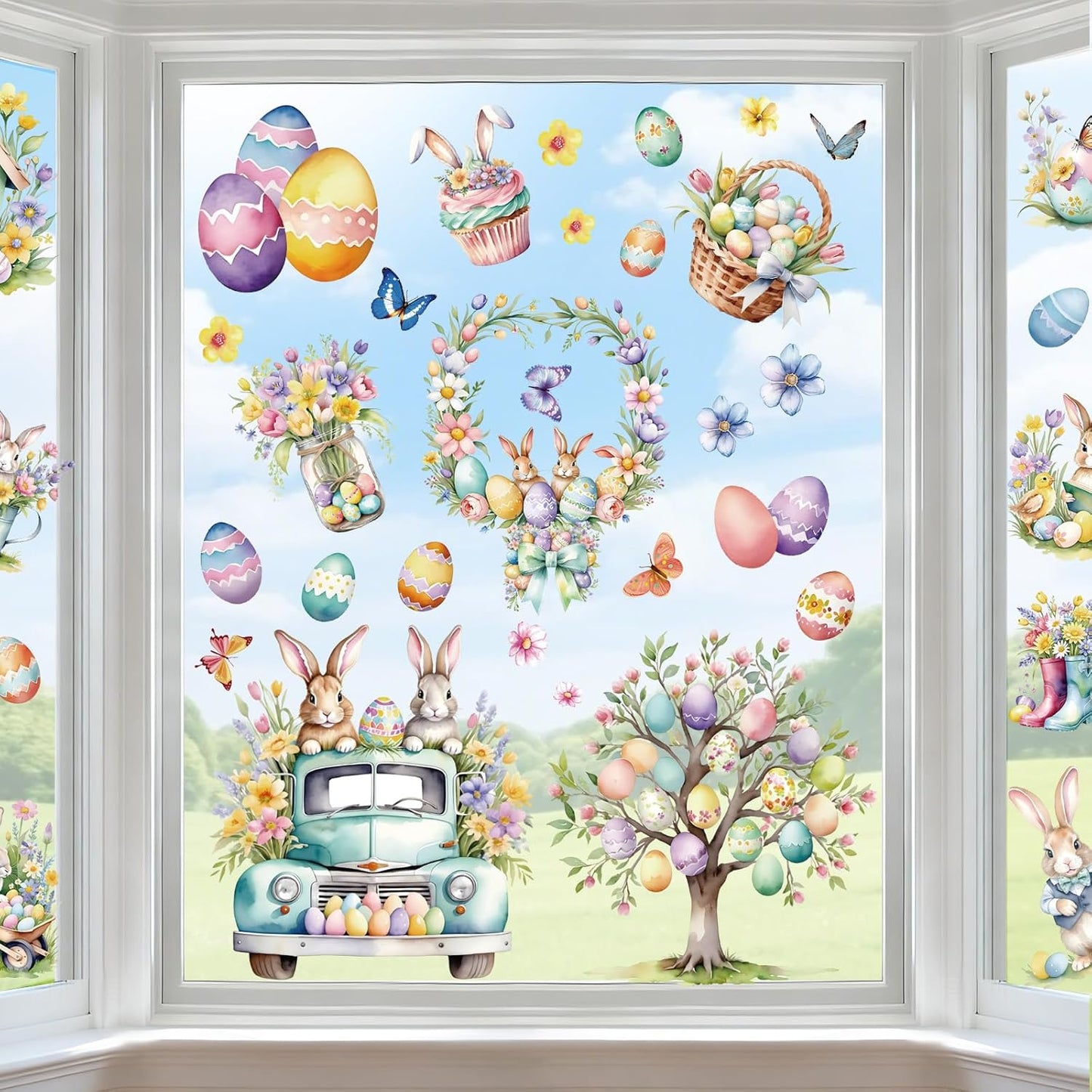 9 Sheets Easter Window Clings for Glass Windows - Watercolor Bunny & Egg Holiday Window Stickers - Spring Decorations for Home, Office & Classroom - Double-Sided Static Decals