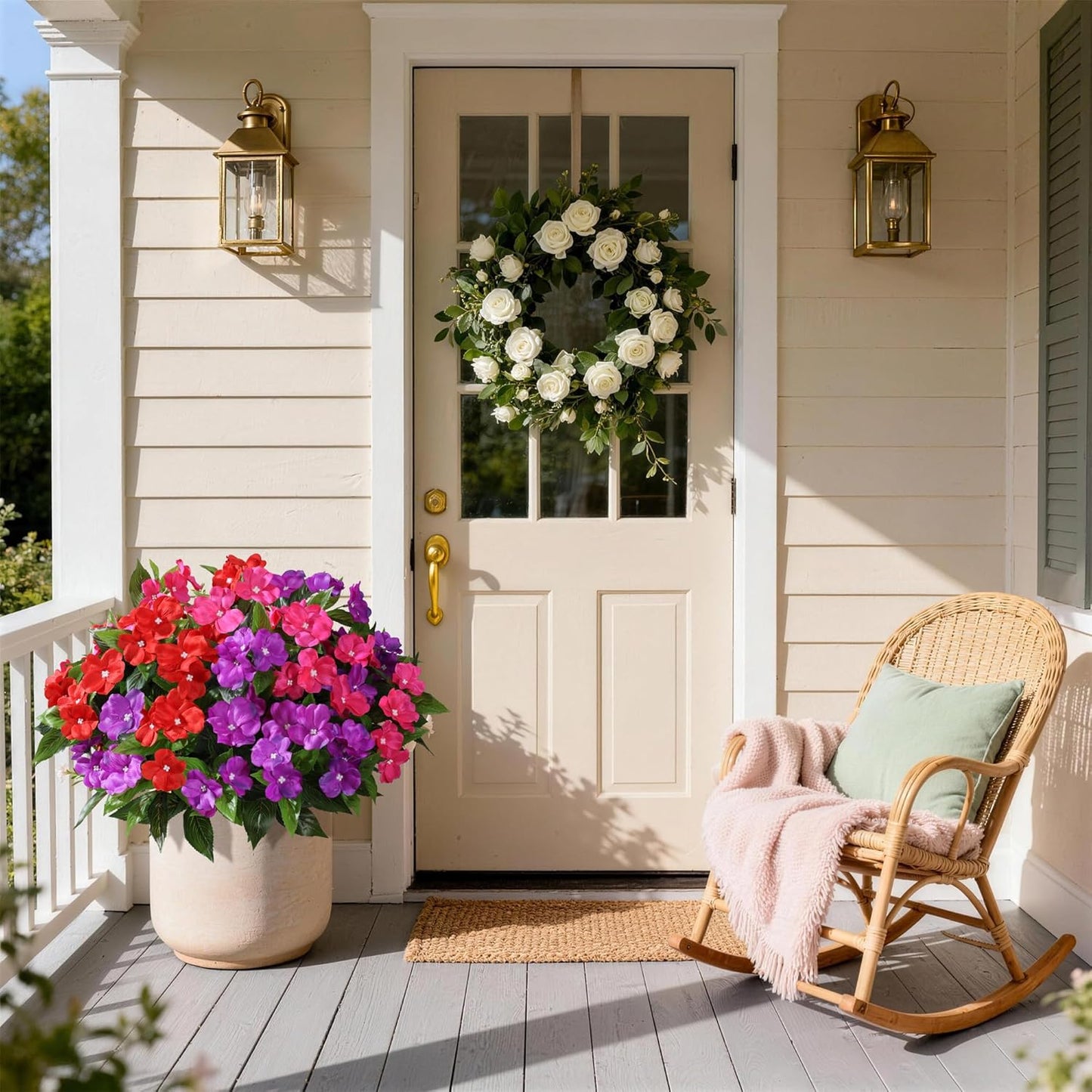 12 Bundles Artificial Impatiens Flowers for Outdoors 20'' Fake Potted Flower 2 Set Quality UV Resistant Realistic Silk Faux Flowers for Outside Balcony Garden Window Box, White
