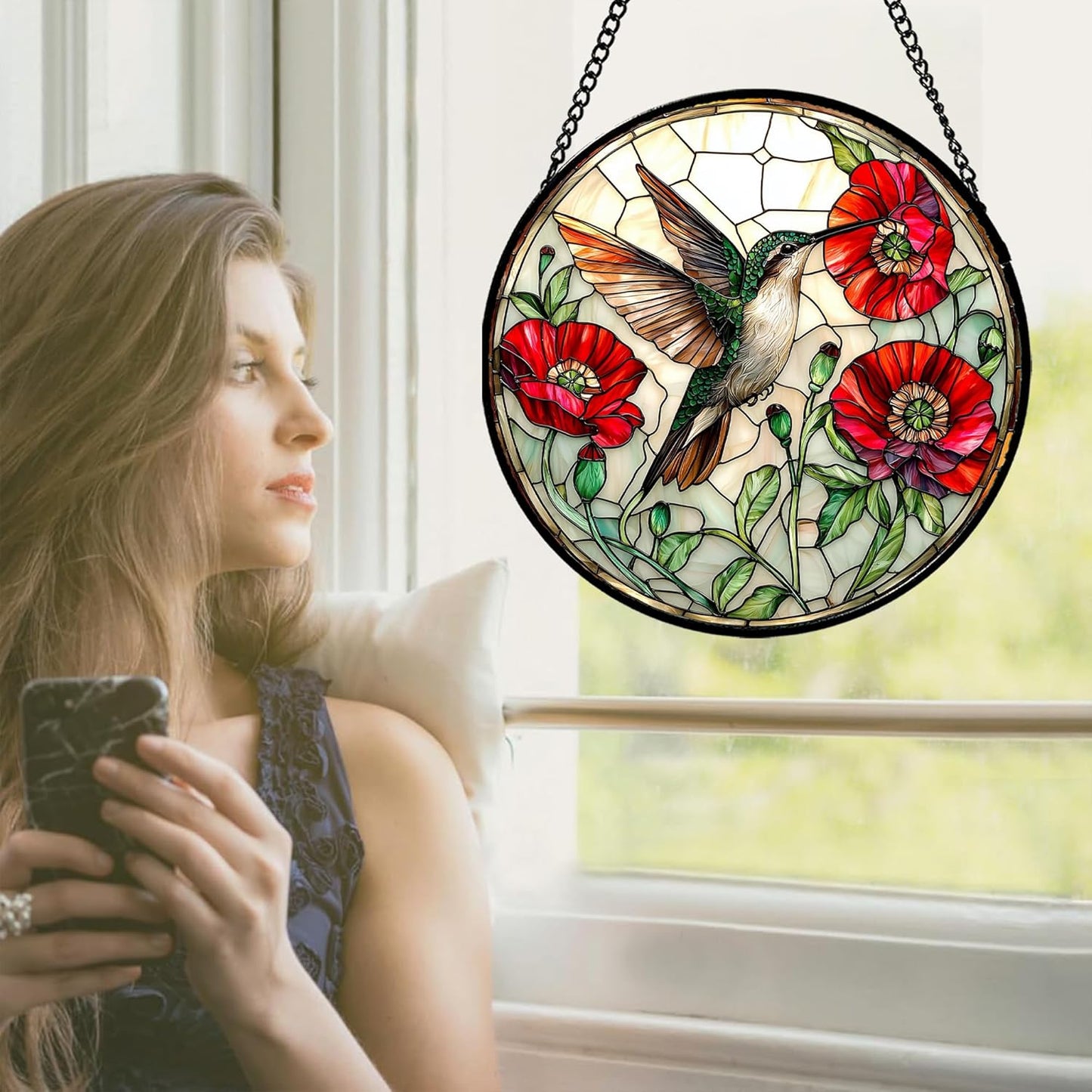 Stained Glass Window Hanging - Green Hummingbird Red Flower Suncatcher