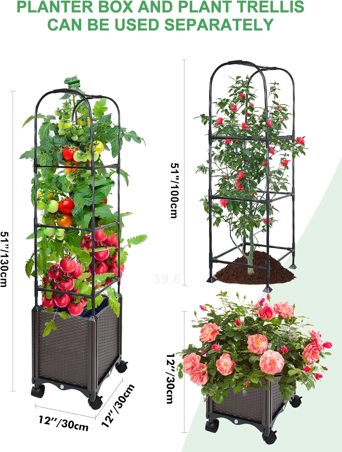 Raised Garden Bed Planter Box with Trellis, 51” Self-Watering Tomato Planter Boxes with Wheels for Climbing Plants, Tomato Cage for Patio Greenhouse Gardening Indoor Outdoor， 2 Pack