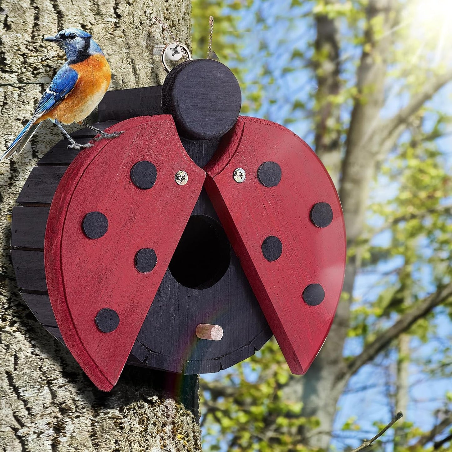Bird Houses for Outside - Wooden Hanging Bird House - Ladybug-Shaped Birdhouse for Finches, wrens, Cardinals - Outdoors Bluebird Nesting Box - Cute Garden Decor for Wild Birds