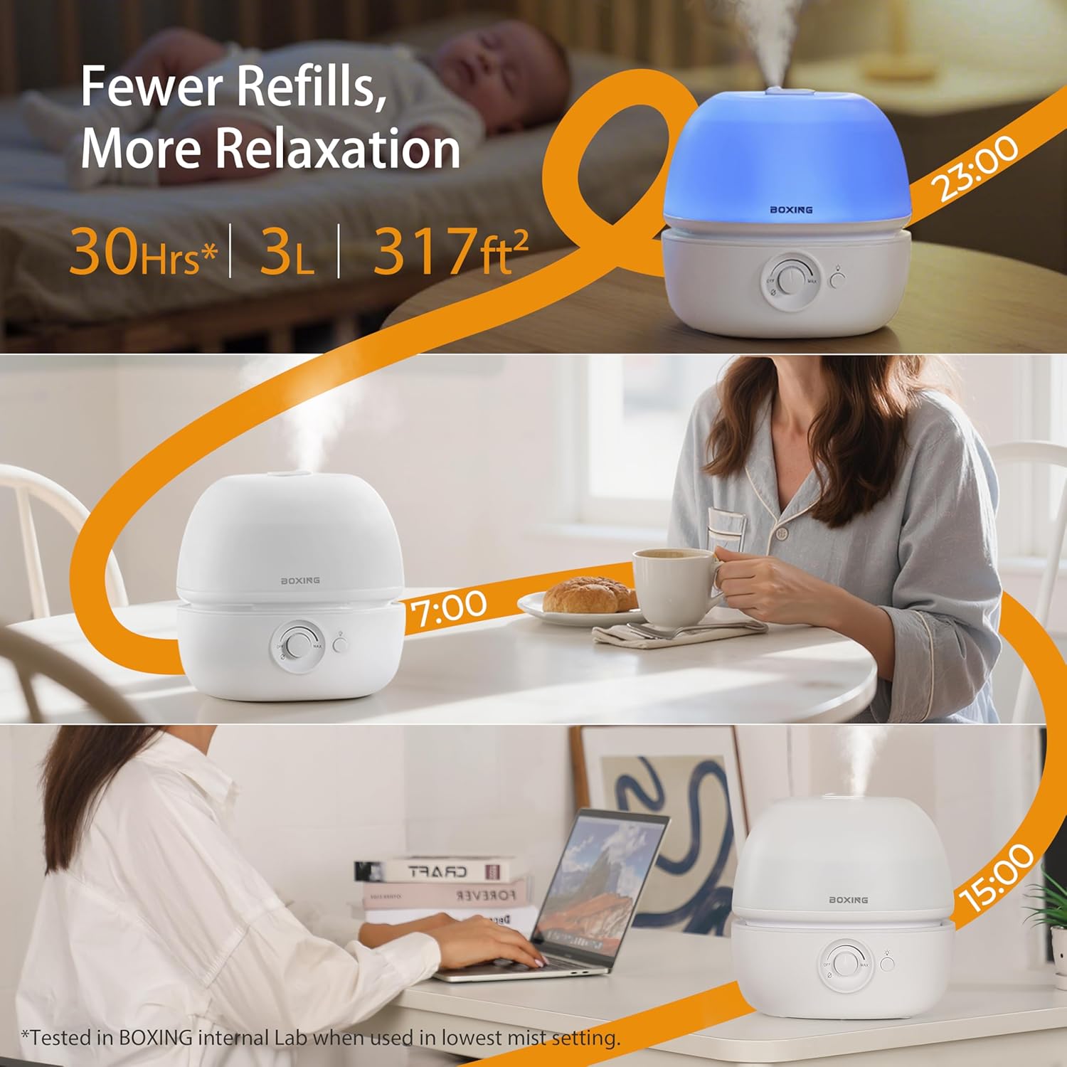 BOXING 3L Cool Mist Humidifier, Ultra Quiet 20dB for Bedroom, Baby & O