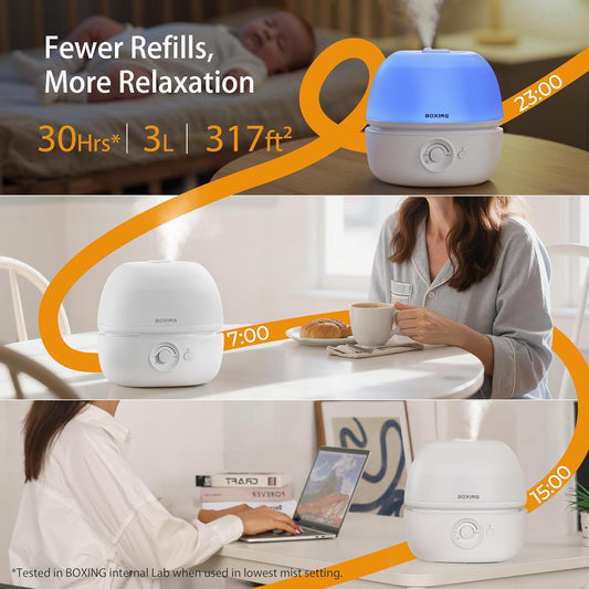 BOXING 3L Cool Mist Humidifier, Ultra Quiet 20dB for Bedroom, Baby & O