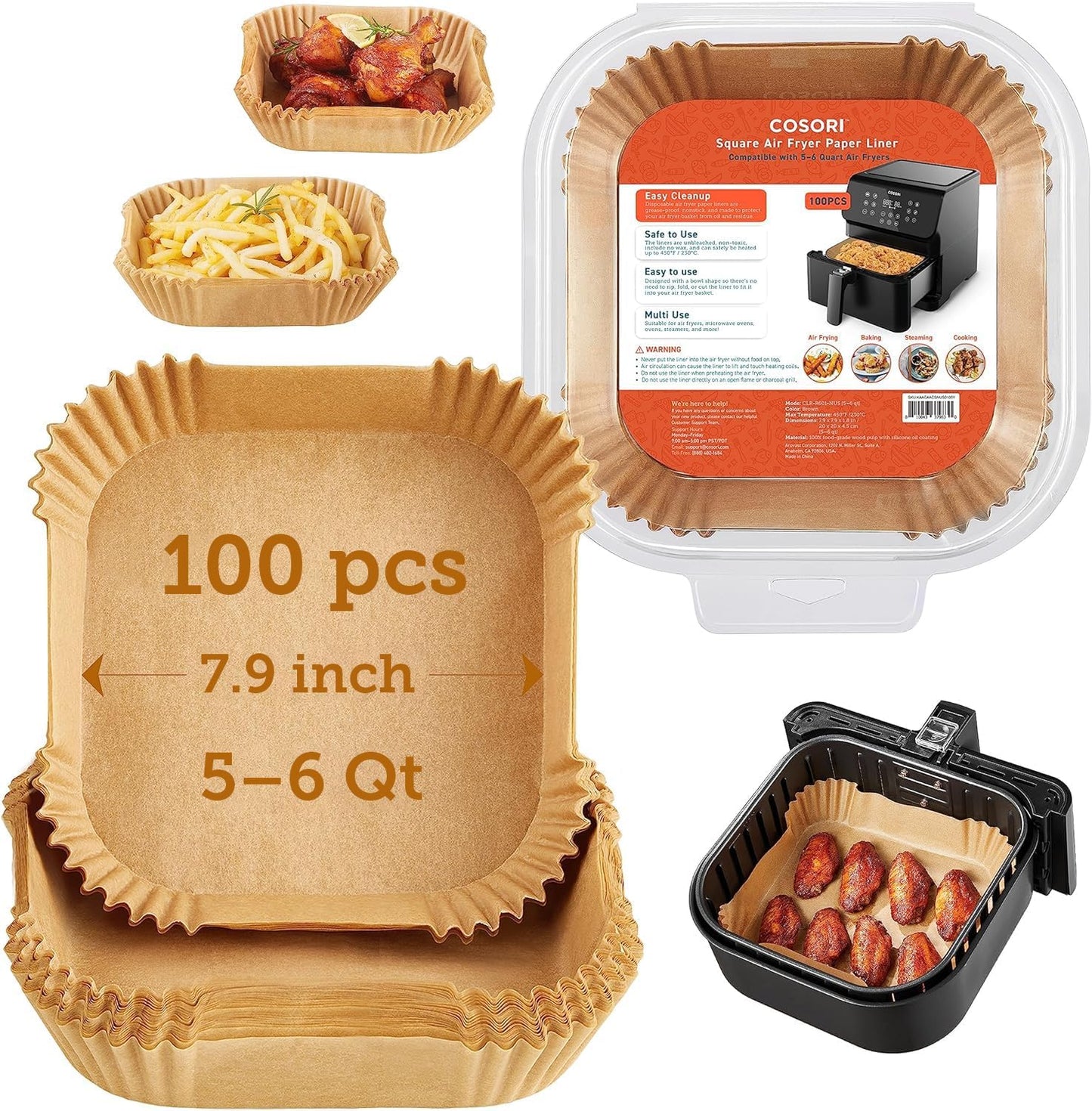 COSORI Air Fryer Liners, 100 PCS Square Disposable Paper Liners, Non-S