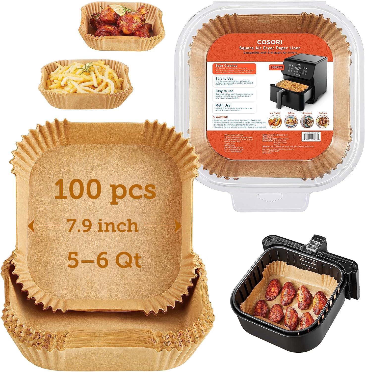 COSORI Air Fryer Liners, 100 PCS Square Disposable Paper Liners, Non-S