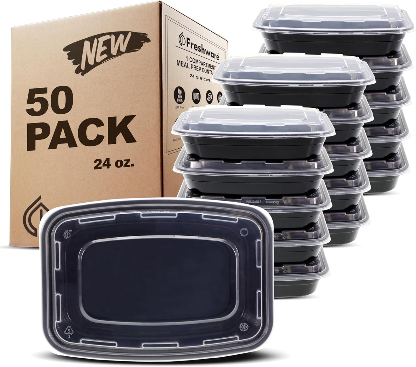 Freshware Meal Prep Containers [50 Pack] 1 Compartment with Lids, Food