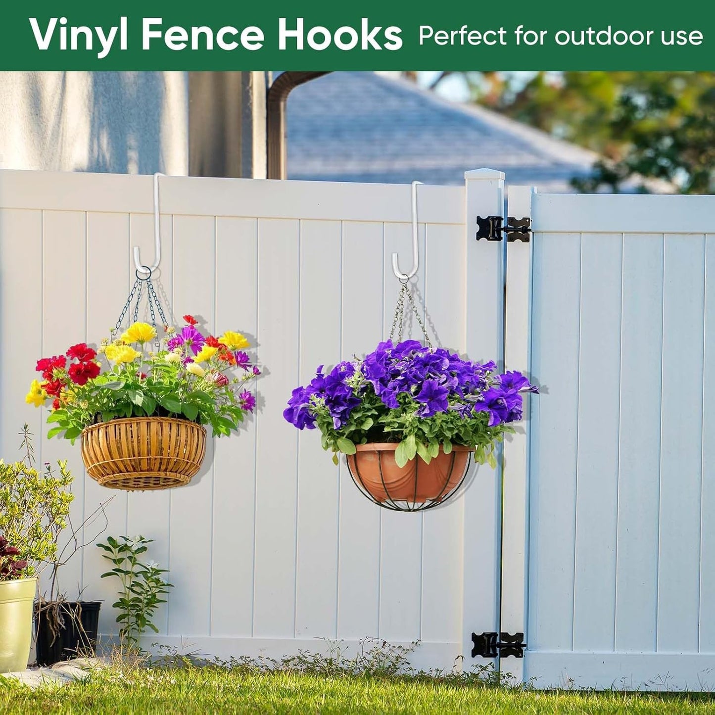 6 Pack 2 x 6 inch Vinyl Fence Hooks Patio Hooks White Powder Coated Steel Hangers fits Easily for Indoor & Outdoor Hanging Lights, Plants & Planters, Bird Feeder, Pool Equipment