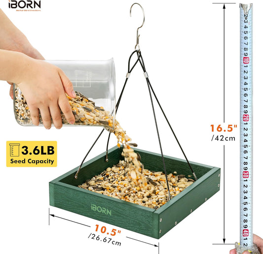iBorn Platform Bird Feeder Tray, Bird Feeders for Outdoors Hanging, Flat Birdfeeder Tray with Large Capacity 3LBS, WPC Recycled Plastic & Cedar Look, Waterproof, 10.5"x10.5", Green