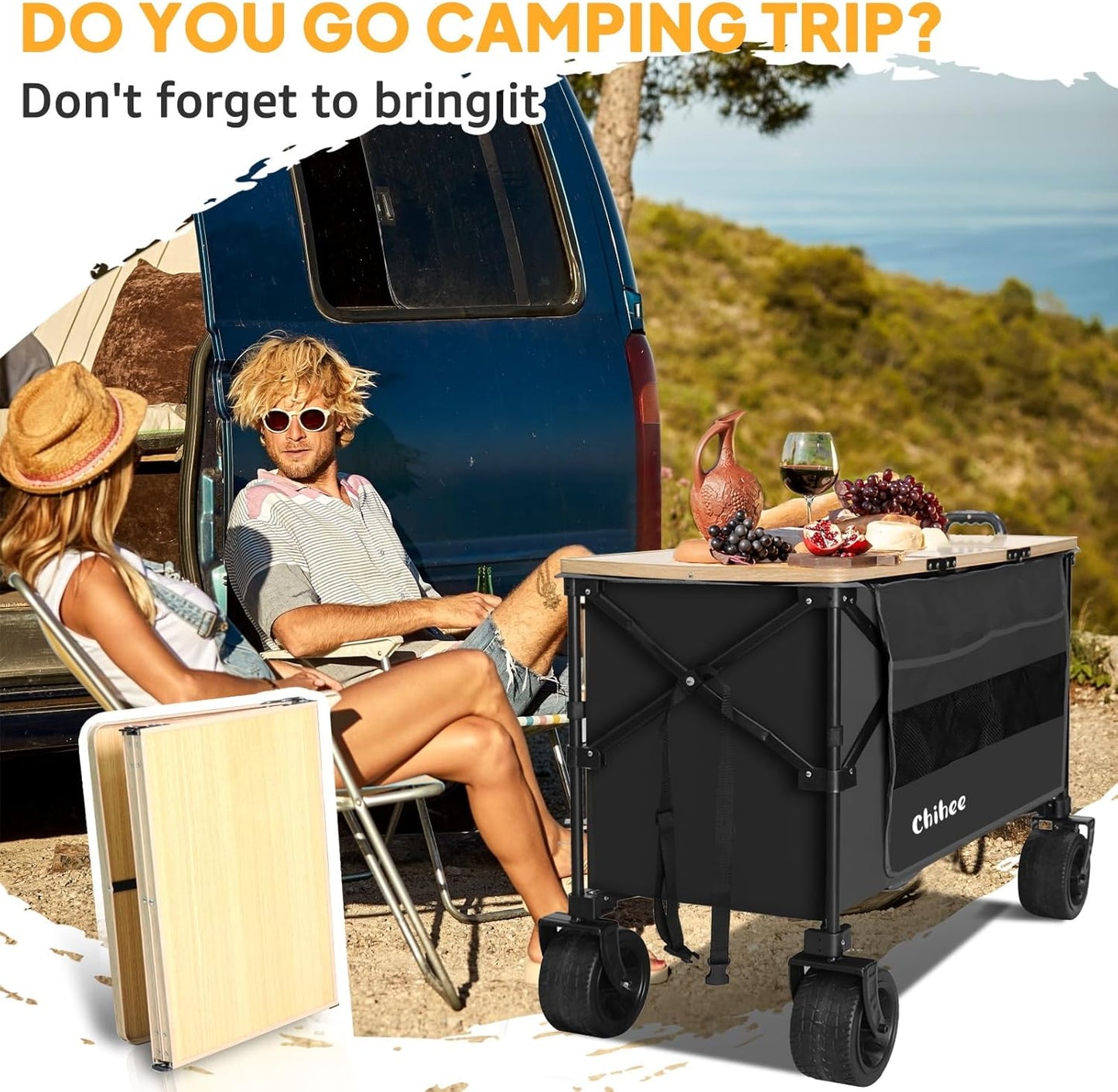 Chihee Garden Cart Collapsible Outdoor Utility Wagon Cart,Folding Beach Cart Oversized Capacity 220L,Heavy Duty Portable Wagon All Terrain Wheels Oversized Pocket 1 Foldable Desktop 2 Drink Holders