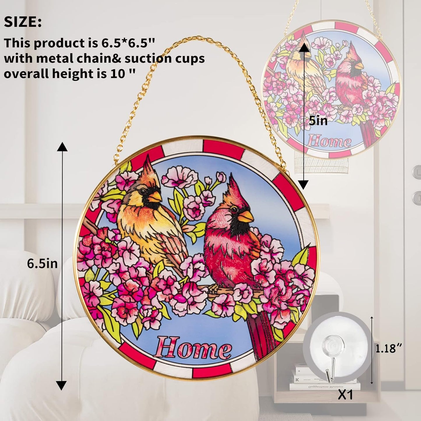 Cardinal Suncatcher Stained Glass Window Hangings for Women Mom Red Birds Sun Catchers Colorful Ornament Bird Lovers Gift Gifts for Women Mom Wife 6.5×6.5”