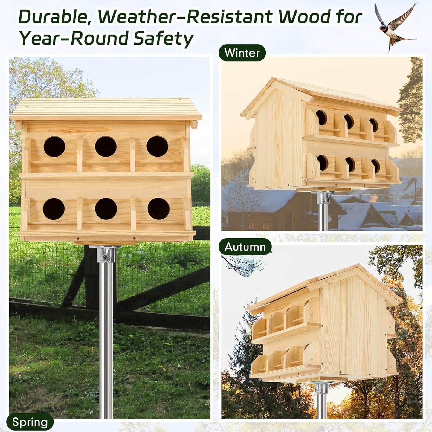 Bird House for Outside 12 Room Round Entry Large Purple Martin House for Garden Courtyard Backyard Decor 20 Inch Rustic Bluebird Wren Chickadee Sparrow Nest Box