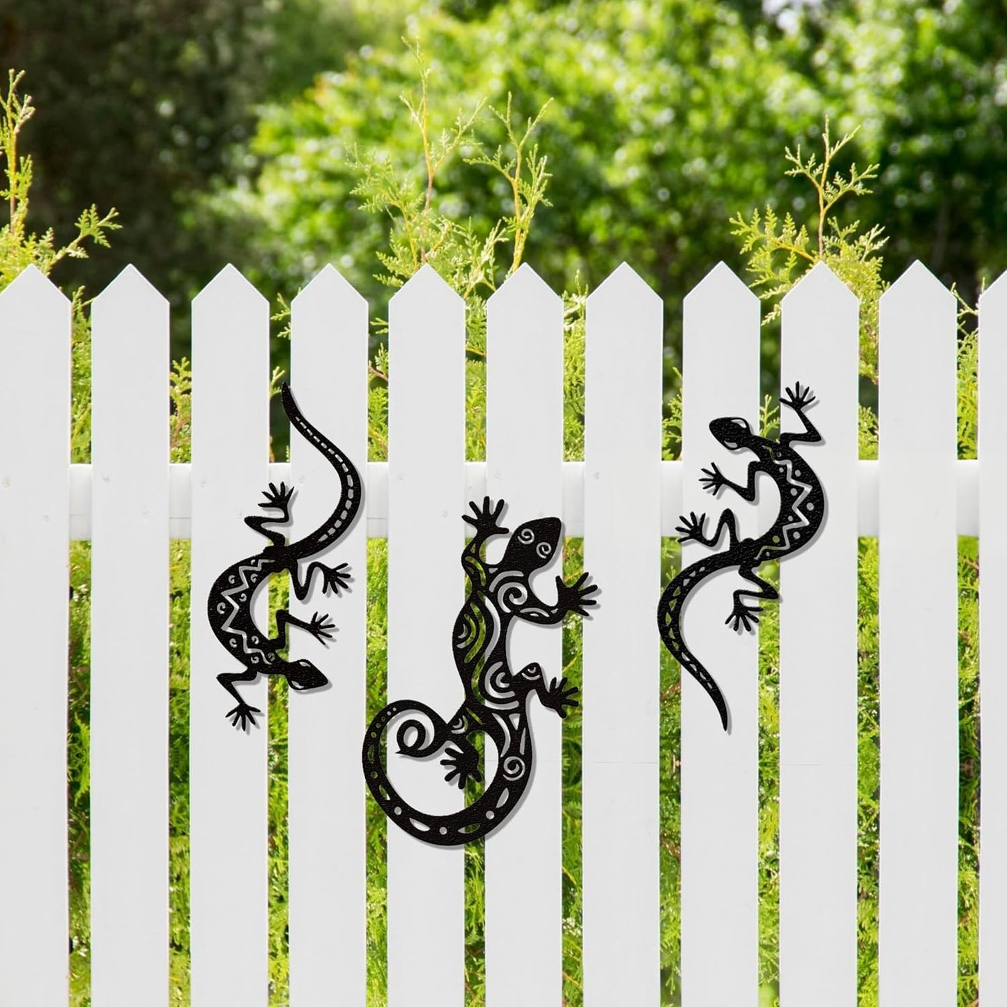 YATEASLU Outdoor Wall Art Metal Gecko Sculpture Elegant Black Patio Wall Decor Outdoor Fence Southwestern Style Decor for Garden, Patio or Home (Pack of 3)