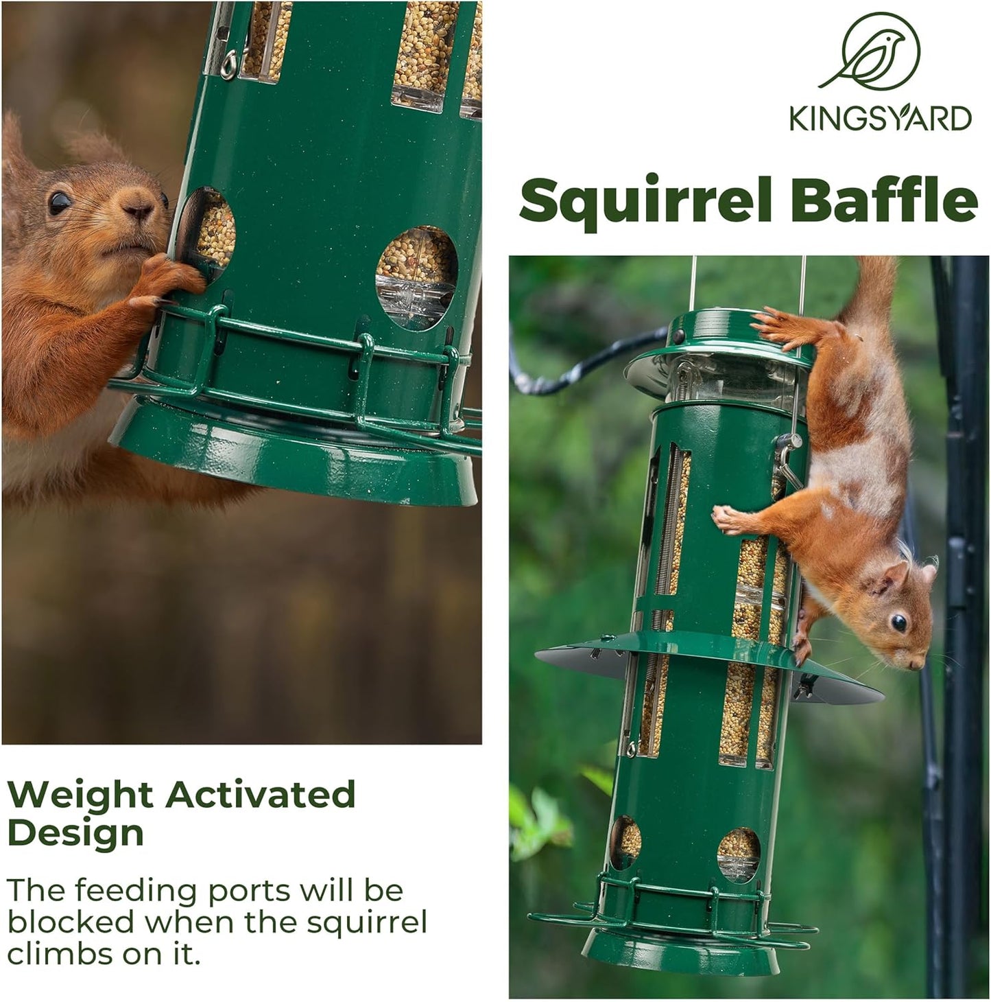 Kingsyard Squirrel Proof Bird Feeders with Weight-Activated Perches, Metal Wild Bird Feeder for Outdoors Hanging, 3 lb Large Seed Capacity, Green