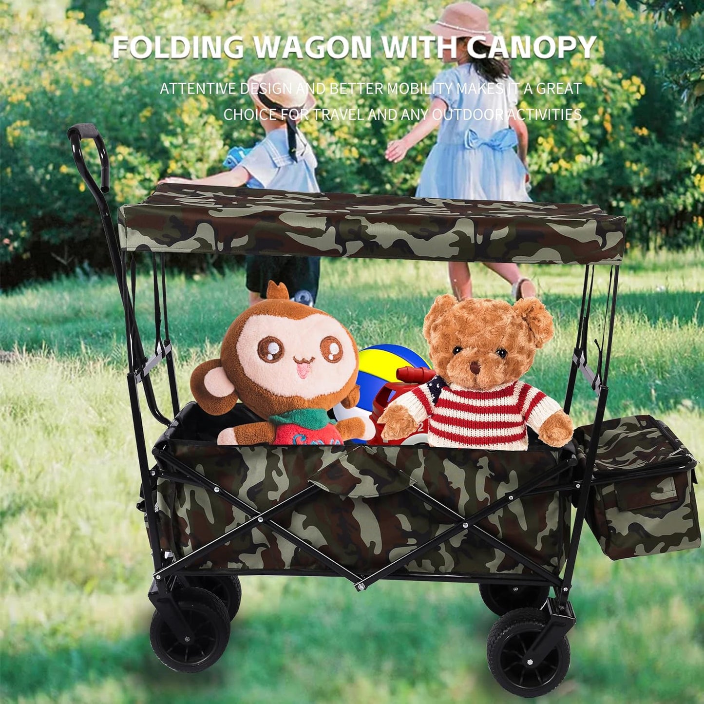 Outdoor Garden Park Wagon with Canopy and Pockets, Foldable Portable Utility Beach Trolley Cart with 7" Wheels for Camping Garden Sports (262LBS Max Weight Capacity) Dark Green Black As Shown