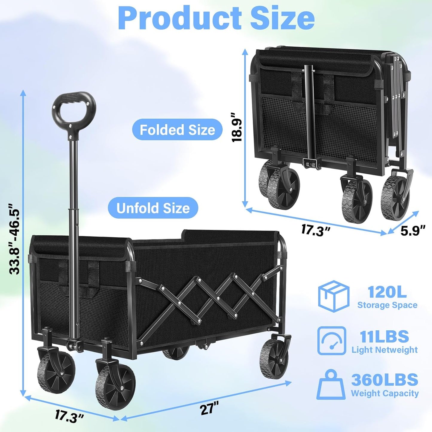 Collapsible Wagon Cart with Wheels，Lightweight Portable Folding Utilit