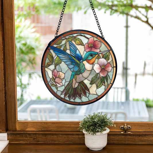 TNUW Hummingbird Flower Stained Glass Window Hanging, Cottagecore Blue Hummingbird Sun Catchers Indoor Window Glass Round Wall Art Decor, Bird Floral Wall Hanging Decorations, 7.9＂x7.9＂