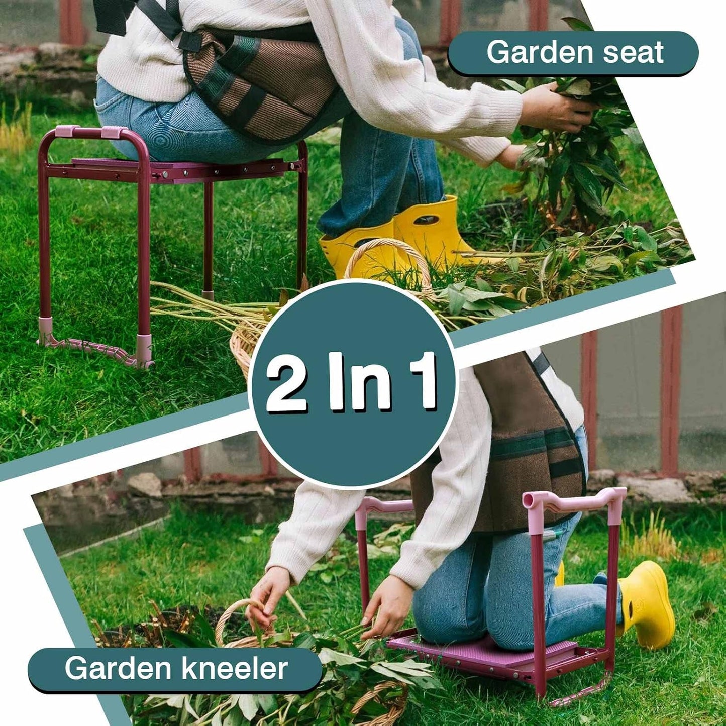 Foldable Garden Kneeler and Seat – 2-in-1 Gardening Stool with a Tool Storage Pouch, Lightweight and Portable for Elderly, Outdoor, Lawn Care