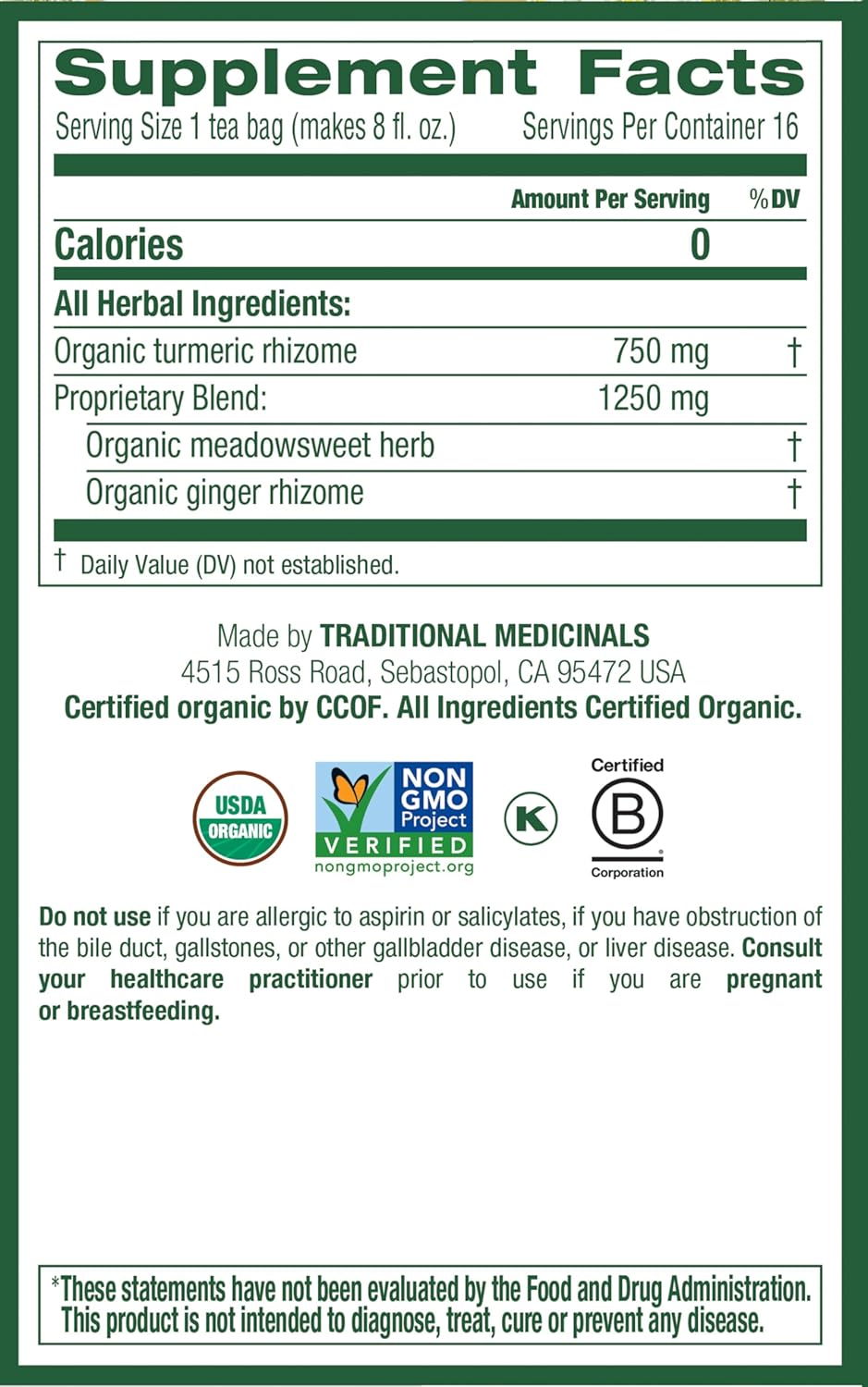 Traditional Medicinals Organic, Turmeric Tea with Ginger & Meadowsweet - Supports Normal Response to Inflammation - Kosher, Non-GMO, Caffeine-Free, Compostable - 16 Tea Bags