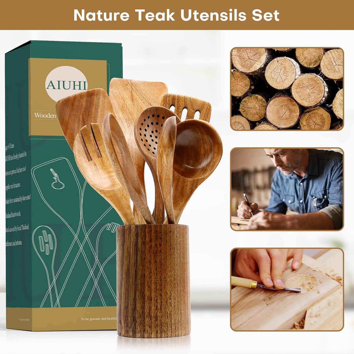 10 Pack Wooden Utensils for Cooking, Wood Utensil Set for Kitchen, Tea