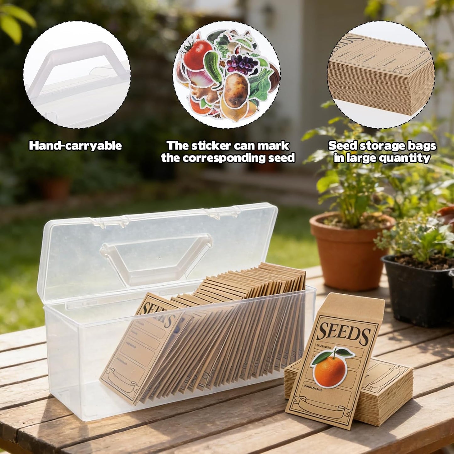 Plastic Clear Seed Storage Organizer Box with Handle, Garden Seed Organize Sealed Box 100 Envelopes and Stickers Saving Container Keeper Set for Garden Vegetable Flower Plants