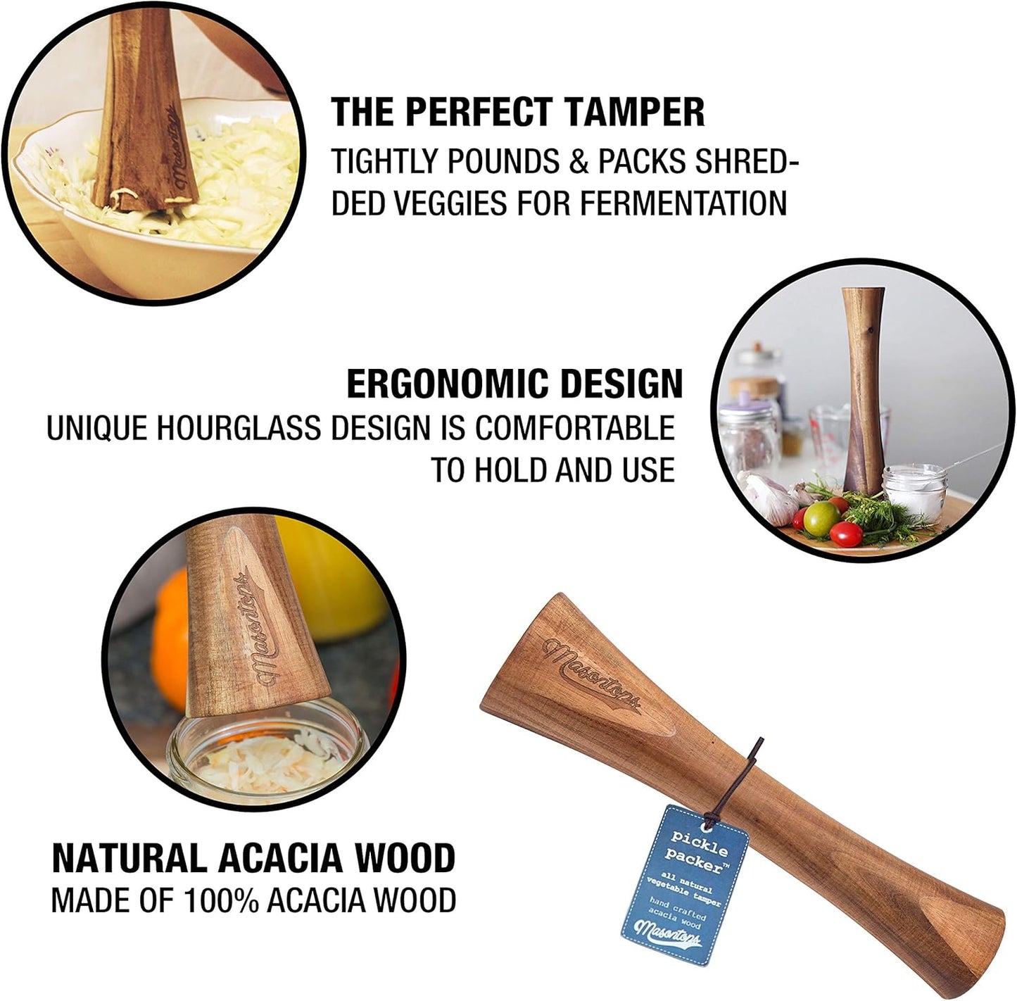 Masontops Pickle Packer - Acacia Wood Vegetable Fermentation Tamper - Cabbage Sauerkraut Pounder - Fermenting Food Tool