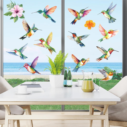 Hummingbird Flowers Window Clings - 5 Sheets Anti-Collision Window Stickers Bird Alert Collision Decals to Prevent Bird Strikes Non Adhesive Vinyl Stickers