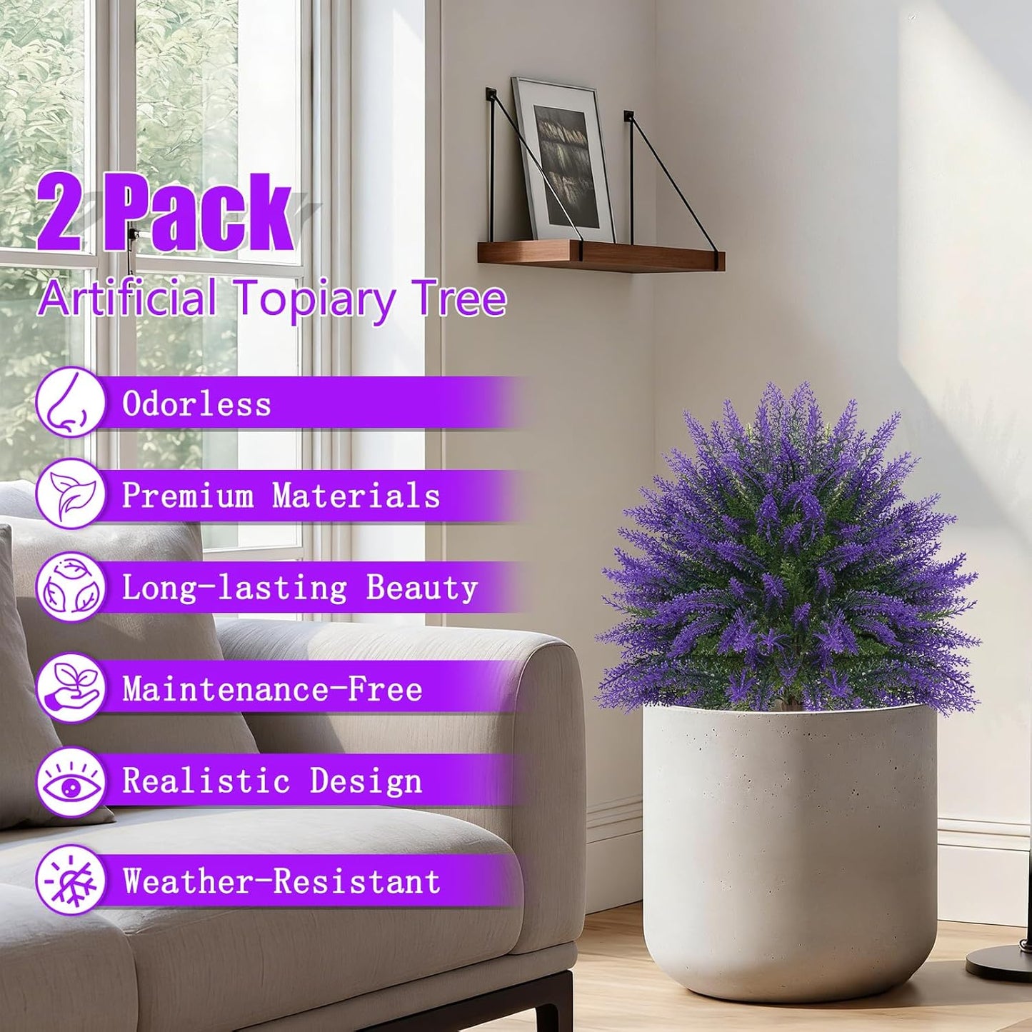 Artificial Lavender Topiary Bushes with Ground Spike, 24" Set of 2 Faux Lavender Boxwood Ball Trees UV Resistant Fake Greenery Plants for Indoor & Outdoor Spring Porch Decor