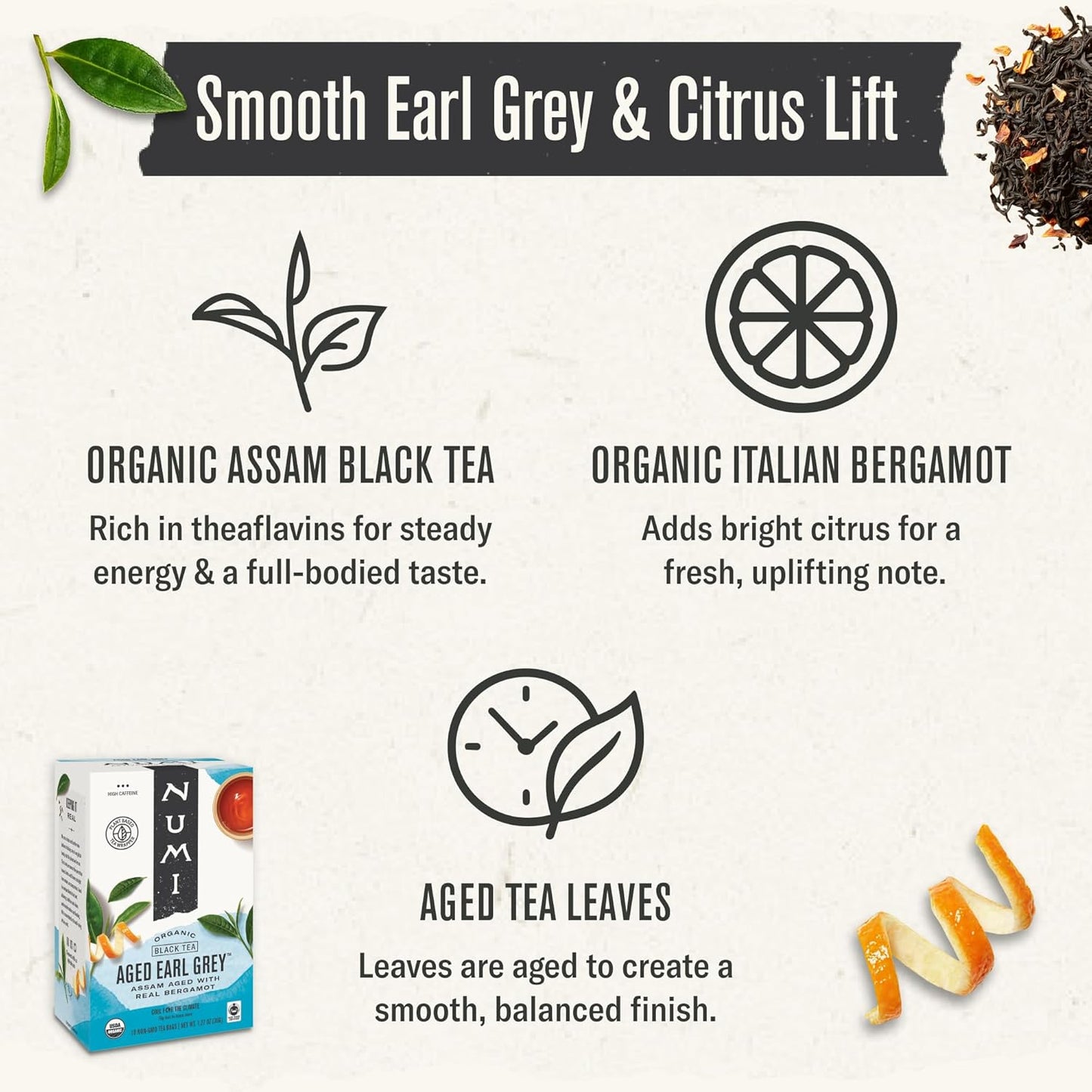 Numi Organic Aged Earl Grey Tea | 18 Black Tea Bags | Assam Black Tea with Real Bergamot | Caffeinated