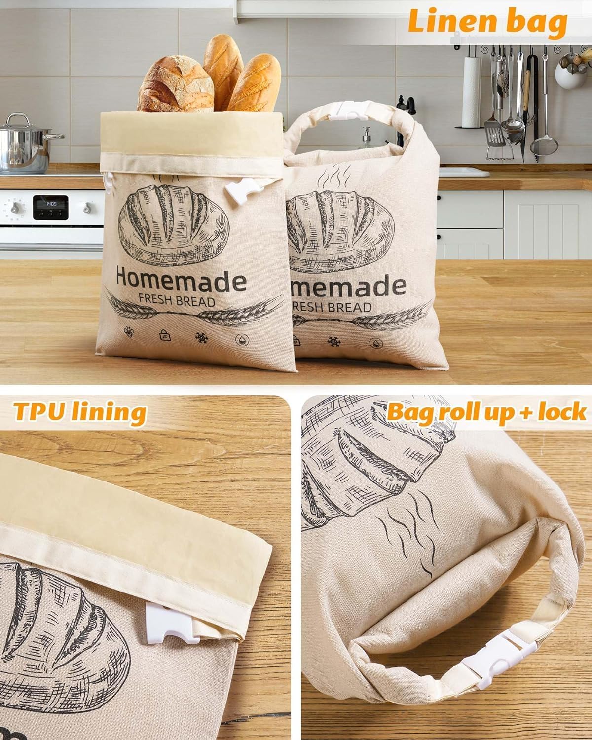 2 Pack Beeswax Bread Bags for Sourdough,Reusable Organic Linen Beeswax Bread Bag for Homemade Sourdough 17 x 12.6 Inches Food Storage Cloth Bag – Freezer-Friendly & Freshness Preservation (Beeswax) | Homemade