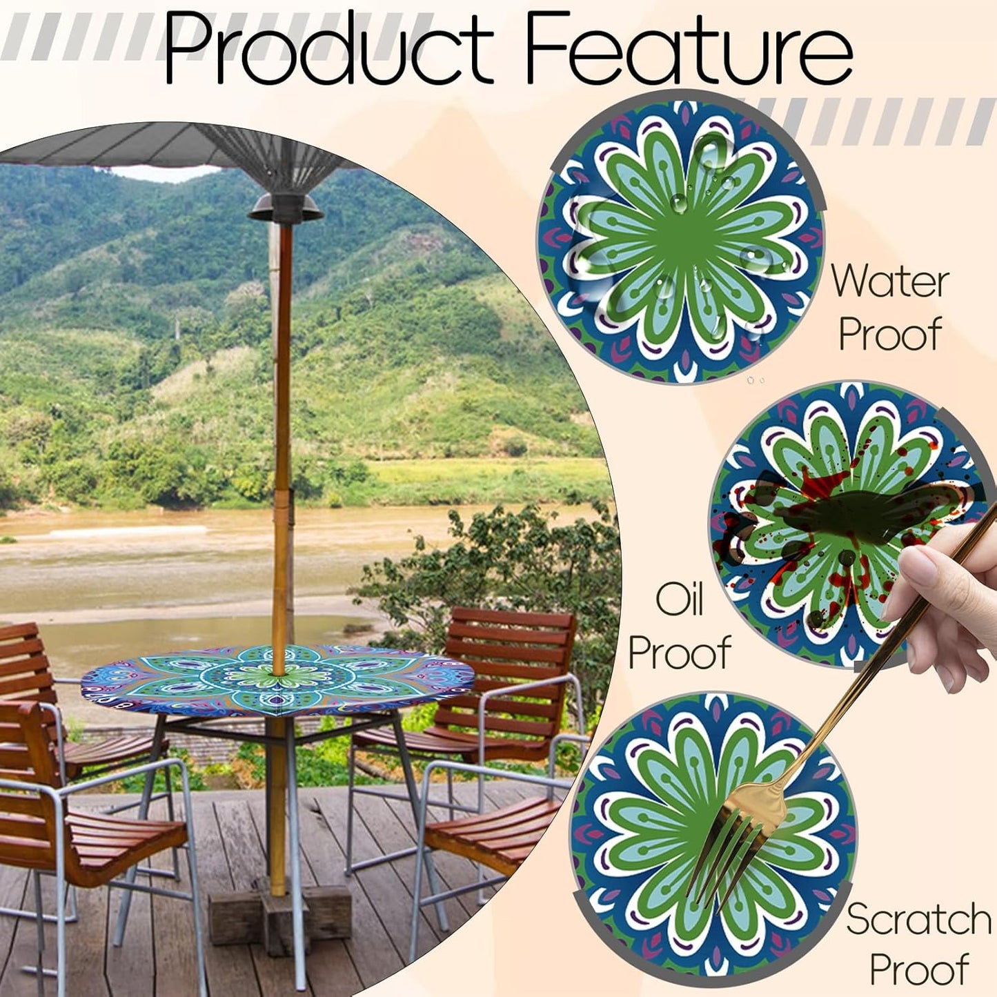 Round Fitted Outdoor Tablecloth with Umbrella Hole and Zipper Vinyl Waterproof Patio Picnic Camping Essential for 45-54" Table Summer Garden Rv Organizer Gift for Camper Husband Wife