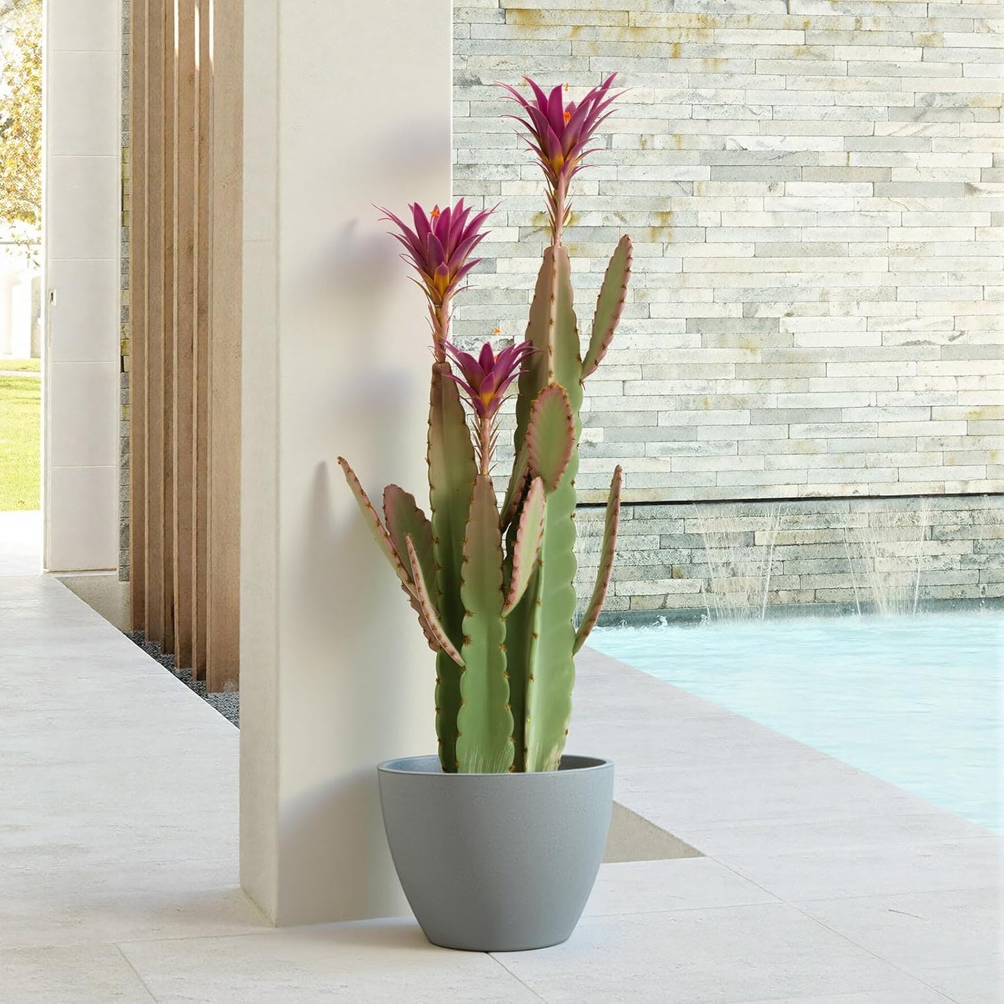 3ft Tall Artificial Cactus with Magenta Flower in Pot, Fake Cacti Plant of Satin Finish Leaves with Real Look, Outdoor & Indoor Faux Plants for Home Office Hotel Patio Balcony or Garden Decor