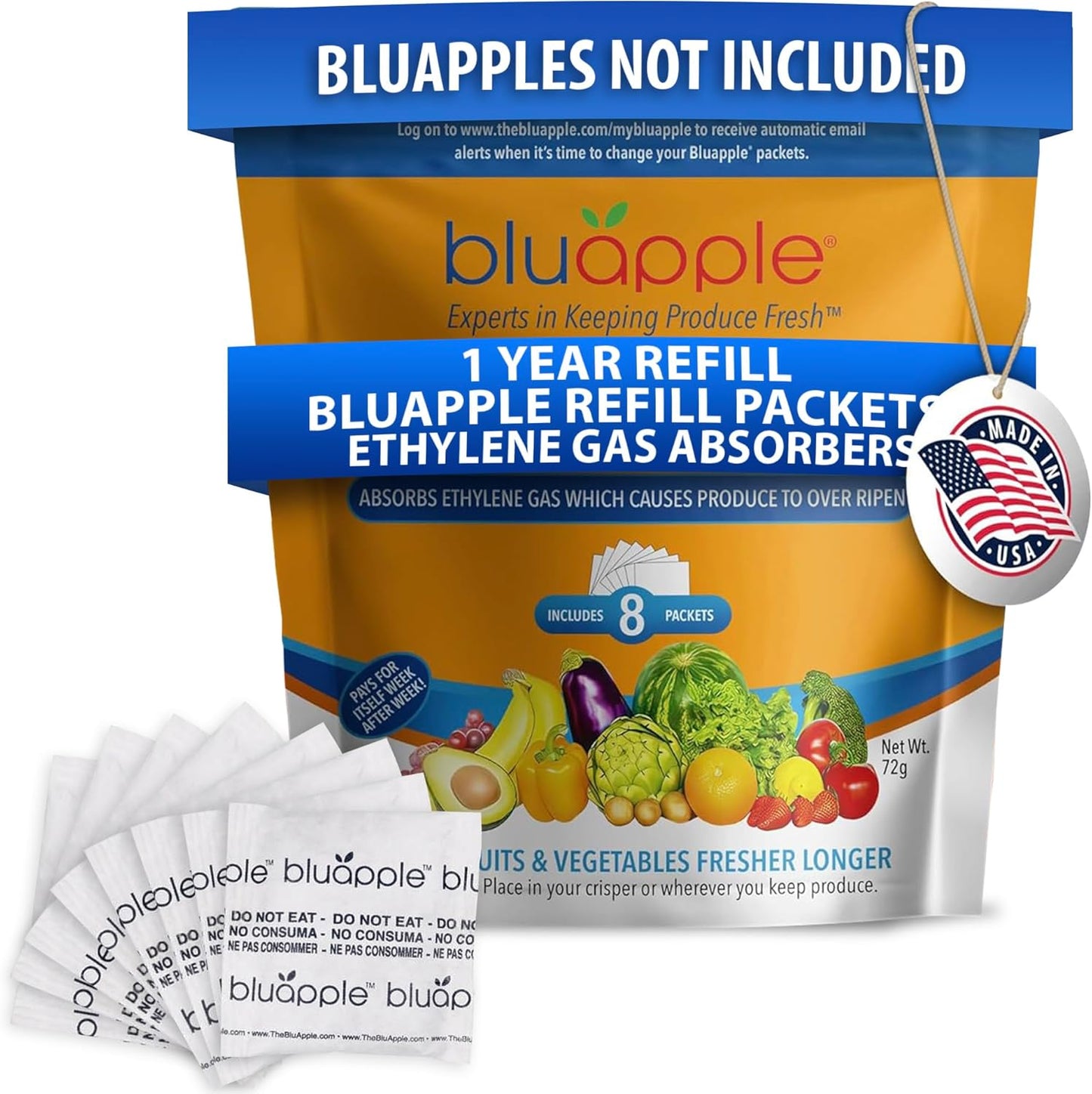 Bluapple Produce Saver Ethylene Gas Absorber - Fresh Fruit & Vegetable Storage, Food Savers for Refrigerator, 8 Packets (9g each), Each Packet Lasts 3 Months, Kitchen Must Haves, USA Made - Refill Kit