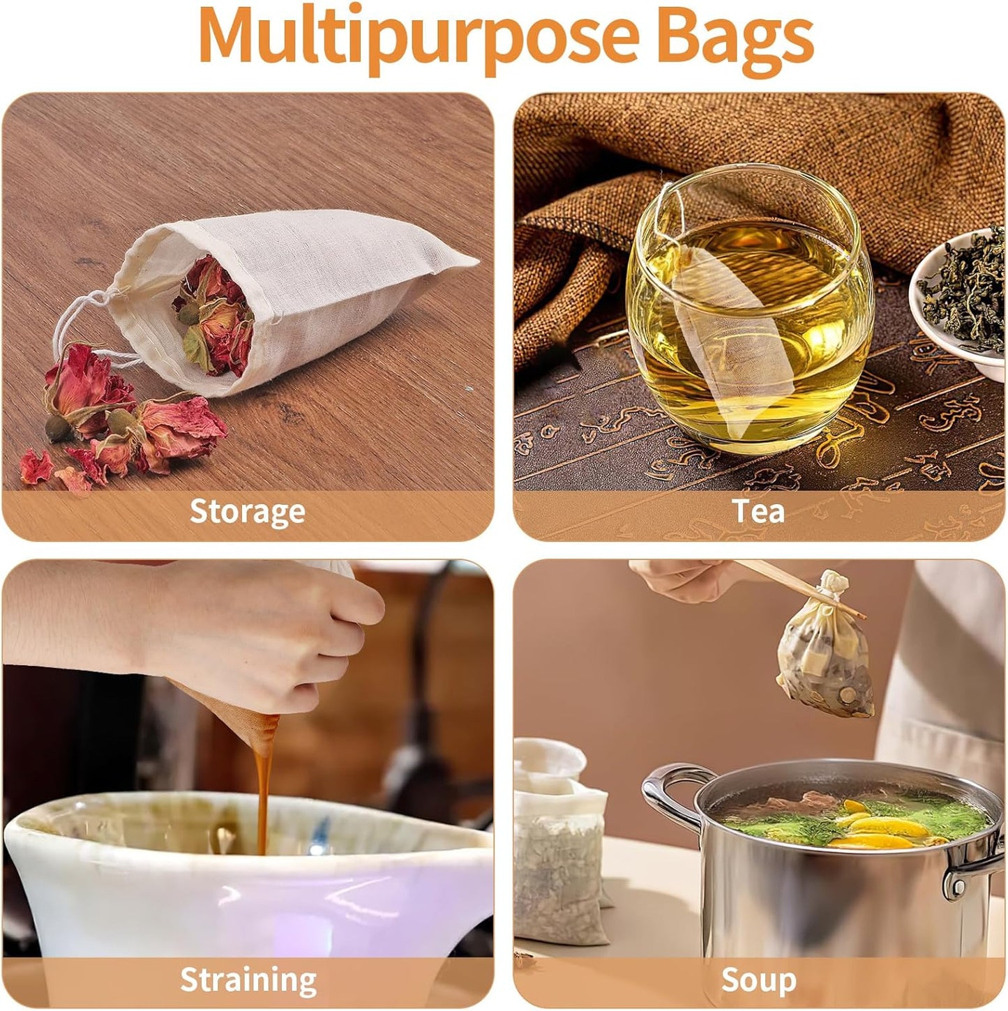 60 Pcs Empty Spice Bags for Cooking Soup, 3x4 In Natural Muslin Drawstring Bag, Reusable Tea Bags for Loose Tea, Small Cheese Cloth Cotton Bag for Straining, Unbleached Cheesecloth Herb Sachet Bag