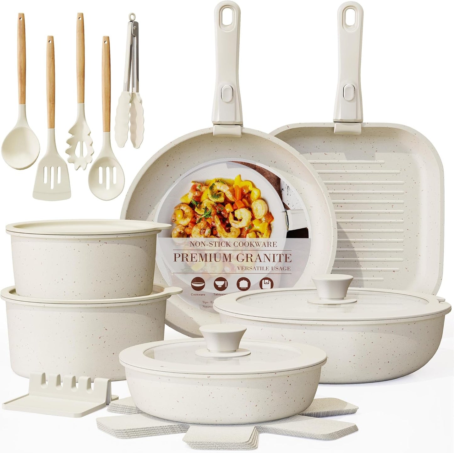 Astercook 23 Pcs Pots and Pans Non Stick Ceramic Cookware Set Detachab