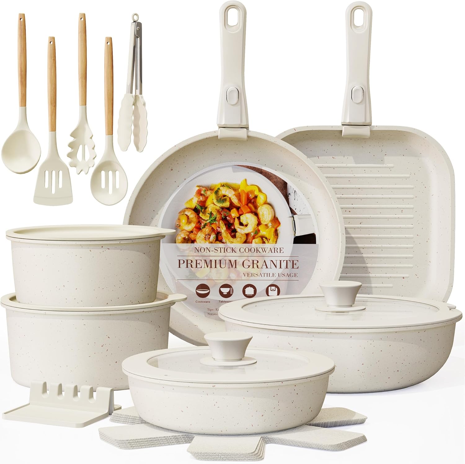 Astercook 23 Pcs Pots and Pans Non Stick Ceramic Cookware Set Detachab