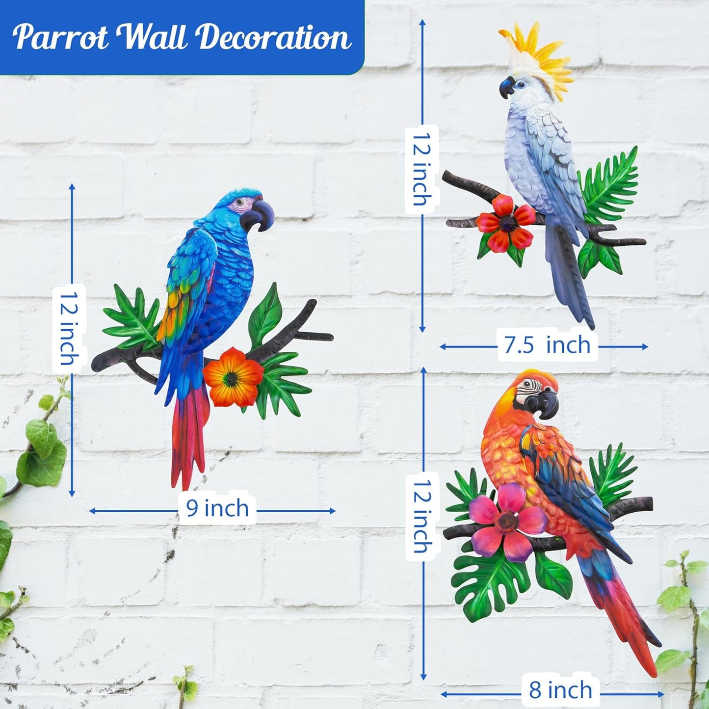Metal Parrots Wall Art Decor Outdoor Decorations for Yard, Outdoor Garden Decor, Patio Mother's Day Decoration Gift Garden Metal Bird Wall Mother's Day Decor-12 Inches Parrot Large Hanging Wall Decor 3 Pack