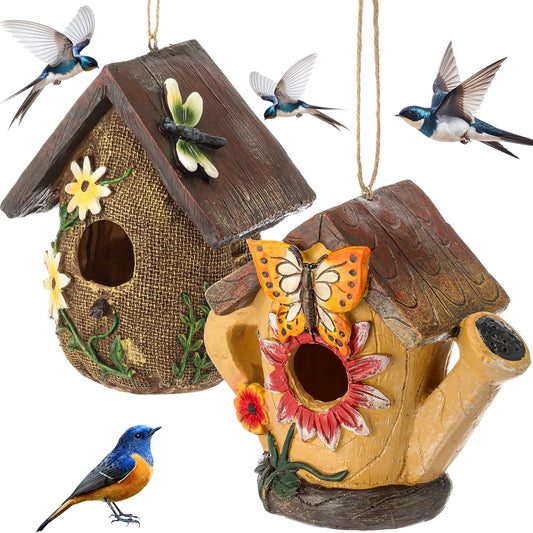 2 Pcs Birdhouse for Outside Hanging Bird Houses for Outdoor Colorful Decorative Cute Resin Birdhouses for Outside Indoors Nesting Garden Backyard Decor, for Bird Lovers(Novel)