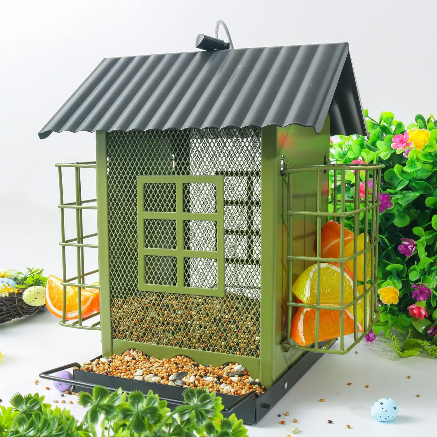 Decorative Outdoor Bird Feeders Squirrels Proof Double Roof Metal Bird