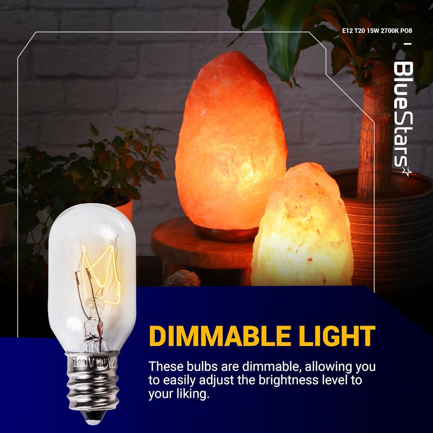 BlueStars E12 T20 Salt Lamp Bulb 120V 15W, 2700K Warm White, E12 Candelabra Base for Himalayan Salt Rock Lamps & Baskets, Scentsy Plug-in Wax Warmers, Night Lights - Pack of 8