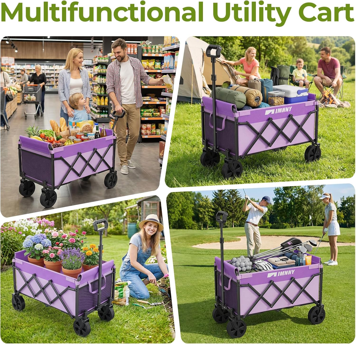 Purple Collapsible Wagon Cart, Lightweight Folding Utility Cart with W